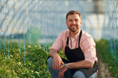 Makas ellerde. Seradaki adam bitkilerle çalışıyor..