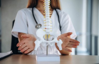 Masadaki omurga modelini gösteriyorum. Klinikteki profesyonel kadın doktor..