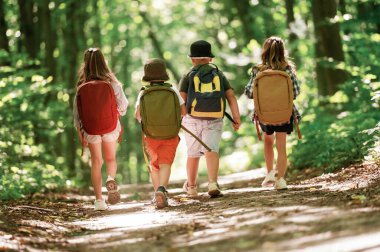 Sırt çantalı. Çocuklar yazın gündüz vakti ormanda..