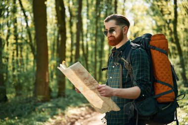Haritayı kullanarak. Sakallı adam gündüz vakti ormandadır..