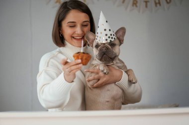 İyi ki doğdun Şapkalı ve pastalı evcil hayvan. Genç kadın köpeğiyle evde..