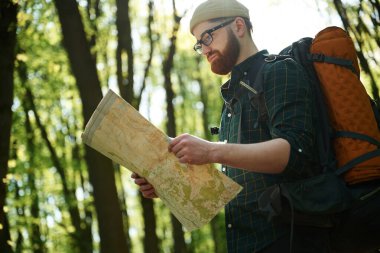 Büyük kağıt harita. Sakallı adam gündüz vakti ormandadır..