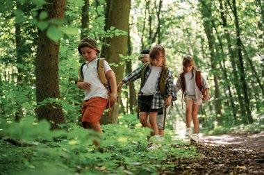 Bir sürü yeşil bitki ve yaprak. Çocuklar yazın gündüz vakti ormanda..