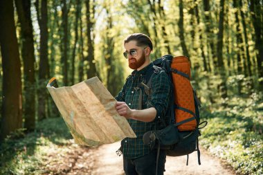 Eski usul kağıt harita ellerinde. Sakallı adam gündüz vakti ormandadır..