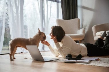 Dizüstü bilgisayarla. Yere yatın. Genç kadın köpeğiyle evde..
