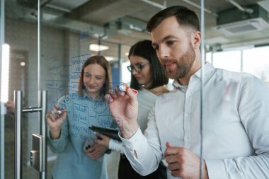 Ofis çalışanları bir plan hazırlıyorlar, cam kenarında durup üzerine yazı yazıyorlar..