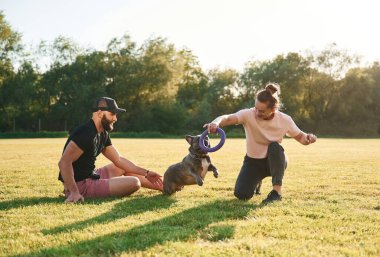 Kauçuk oyuncaklarla aktif zaman geçirme. Erkek ve kadın sahada köpekle birlikteler..