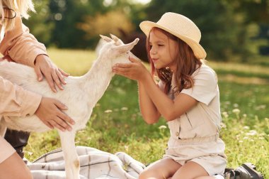 Bakım anlayışı, sevimli. Anne ve kızı çiftlikte keçiyle birlikteler..