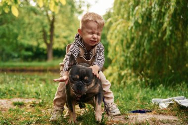 Hayvana binmek, üzerine oturmak. Tatlı küçük çocuk parkta Fransız Bulldog 'la birlikte..