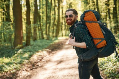 Sırt çantasıyla. Sakallı adam gündüz vakti ormandadır..