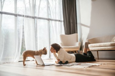 Gün ışığında. Dizüstü bilgisayarla yerde yatıyor. Evcil hayvana bakıyorum. Genç kadın köpeğiyle evde..