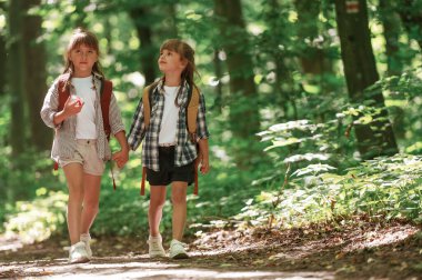 Ön manzara. Çocuklar yazın gündüz vakti ormanda..