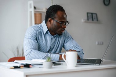 Müdür dizüstü bilgisayar kullanıyor. İşadamı ofiste çalışıyor..