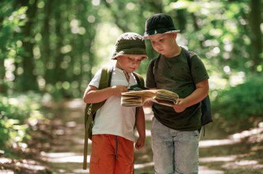Hafta sonu yürüyüşü. Çocuklar yazın gündüz vakti ormanda..