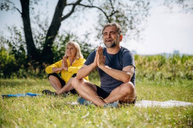 Lotus duruşu, meditasyon. Doğada üst düzey çiftler birlikte..