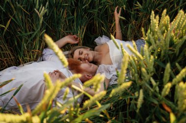 Üst manzara, uzanmak. Güzel bir çift yeşil tarlada birlikte..