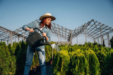 Plastikten yapılmış siyah sulama kutusu. Genç kızıl saçlı kadın bahçeyle ilgileniyor..