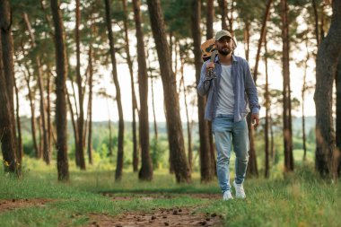 İleriye doğru yürüyorum. Yakışıklı adam akustik gitarla ormanda..