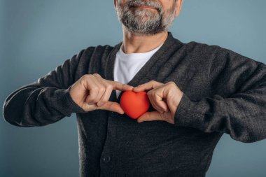 Küçük kalp mankeni ellerinde. Üst düzey adamın arkaplandaki görünümünü kapat.