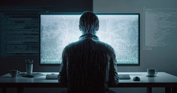 A computer programmer sitting at their desk, immersed in lines of JavaScript code illustration