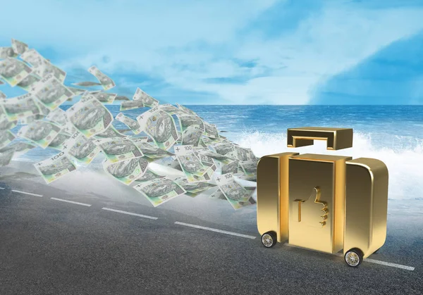 Lengyel 100 Zloty Bankjegy Repül Egy Arany Bőröndből Kerekeken Vicces — Stock Fotó