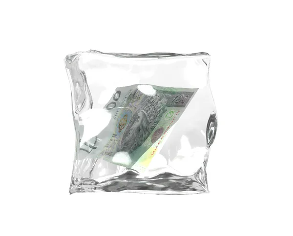 Des Billets 100 Zlotys Polonais Coulés Dans Cube Glace Fondante — Photo