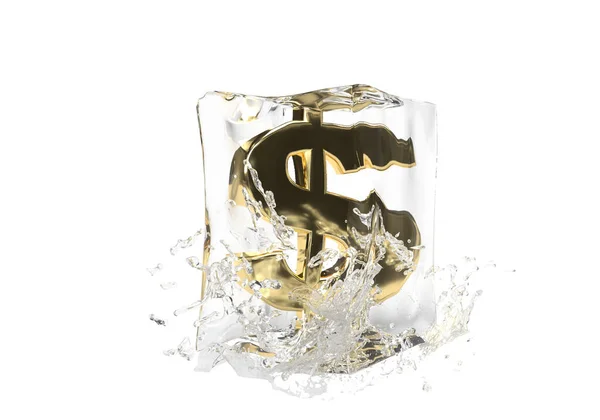 美元在冰块融化的立方体中的货币符号 并在孤立的背景上滴水 冬季飞溅商业旗帜的想法 3D渲染 — 图库照片