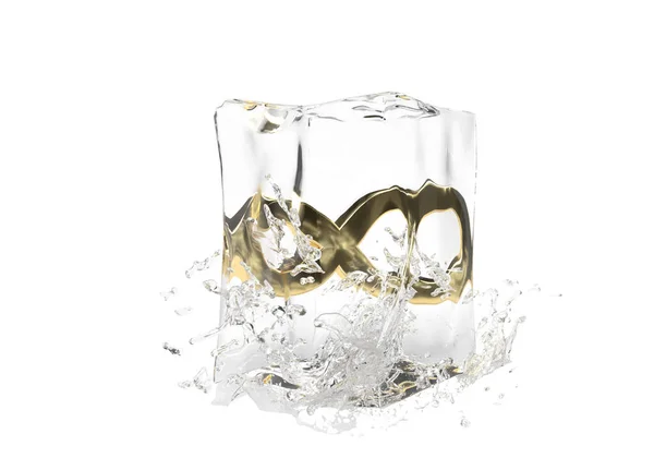 Gold Infinity Sign Cube Melting Ice Drop Water Isolated Background — Stock Photo, Image
