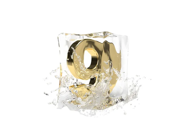 溶融氷の立方体内の金数9と孤立した背景に水をドロップします 冬のスプラッシュバナーのアイデア 3Dレンダリング — ストック写真