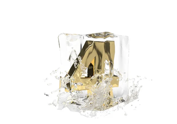 Eriyen buz küpündeki dört numaralı altın izole arka planda su bırakıyor. Kış sıçrama pankartı için fikir. 3d oluşturma