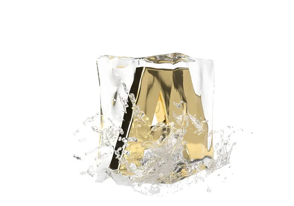 Золота Літера Кубі Танення Льоду Скидання Води Ізольований Фон Ідея — стокове фото
