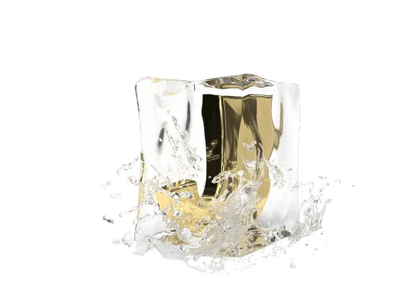Gold Letter Cube Melting Ice Drop Water Isolated Background Idea — Stock Photo, Image