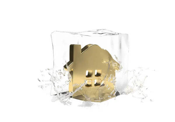 在冰块融化的立方体中的黄金房子 在孤立的背景上滴水 冬季为你的财产或保险公司泼洒横幅的想法 3D渲染 — 图库照片