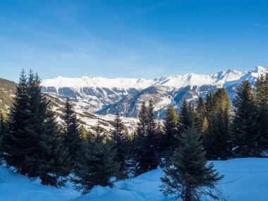 Kışın ormanın olduğu panoramik manzara tatil köyü Ladis, Fiss, Serfaus Tyrol 'da kayak merkezinde. Avusturya Ocak 2018.