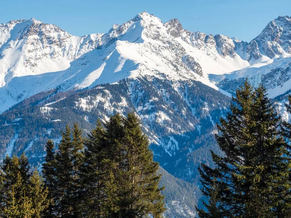 stock image Panoramic view with forest in winter in resort Ladis, Fiss, Serfaus in ski resort in Tyrol. Austria January 2018.