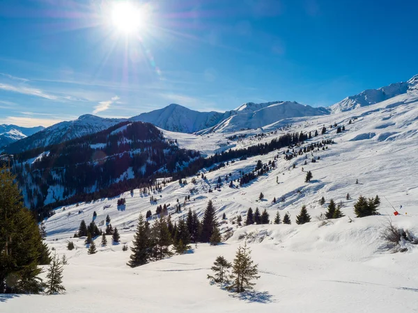 Hellend Uitzicht Winter Resort Ladis Fiss Serfaus Skigebied Tirol Oostenrijk — Stockfoto