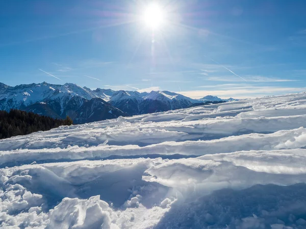 Panoramisch Uitzicht Met Skiër Winter Resort Ladis Fiss Serfaus Skigebied — Stockfoto