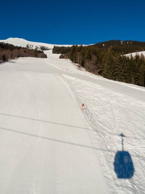 Slope view with funicular and shadow in resort Ladis, Fiss, Serfaus in the ski resort in Tyrol. Avusturya Ocak 2018.