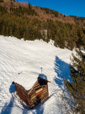 Panoramik manzara ve kışları tatil köyü Ladis, Fiss, Serfaus 'ta ağaç ev Tyrol' da kayak merkezinde. Avusturya Ocak 2018.