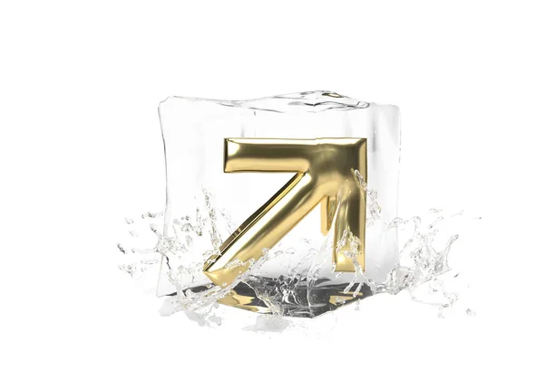 Золотая Стрелка Кубе Тающего Льда Капли Воды Изолированном Фоне Идея — стоковое фото
