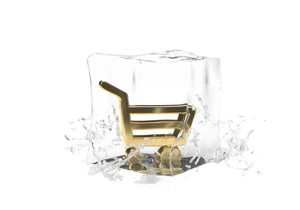 在冰块融化的立方体中的金篮店 在孤立的背景上洒水 冬季飞溅横幅的想法为您的网上交易 3D渲染 — 图库照片