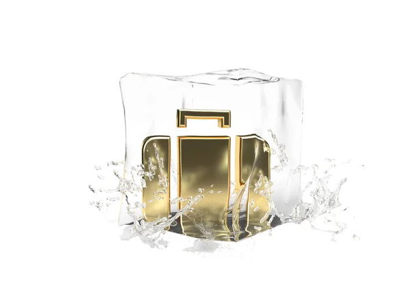 金箱在冰块融化的立方体中 在孤立的背景上滴水 冬季飞溅横幅的想法为您的旅游业务 3D渲染 — 图库照片