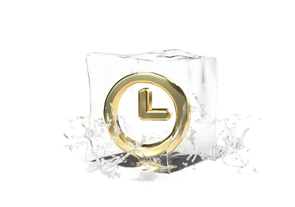 Золотий Годинник Кубі Танення Льоду Скидання Води Ізольований Фон Ідея — стокове фото