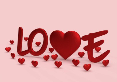 Red valentine word love with small and big hearts. An idea for a banner or card. 3d rendering