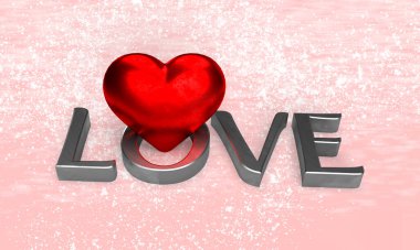 Silver valentine word love you with red hearts on glitter background. An idea for a banner or card. 3d rendering