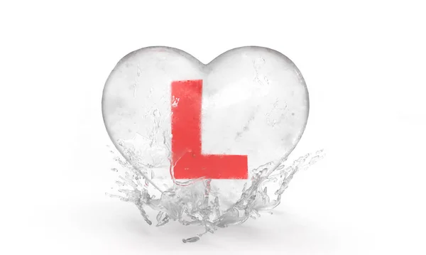 Letter L in an ice heart with water drops for valentine's day. An idea for a banner or card. 3d rendering