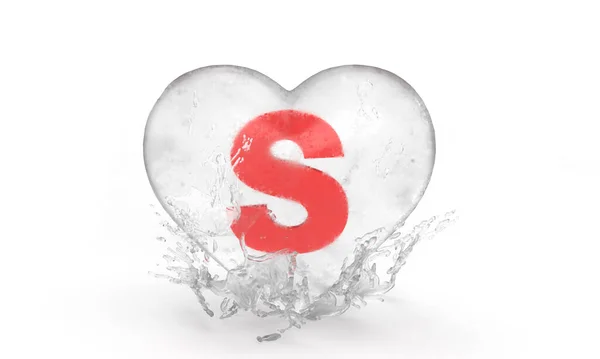 Letter S in an ice heart with water drops for valentine's day. An idea for a banner or card. 3d rendering