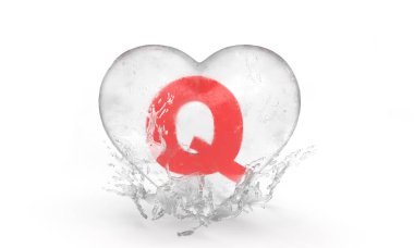 Letter q in an ice heart with water drops for valentine's day. An idea for a banner or card. 3d rendering