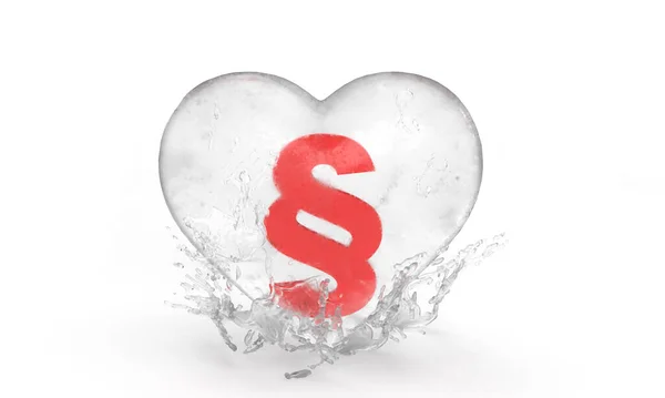 Paragraph sign in an ice heart with water drops for valentine's day. An idea for a banner or card. 3d rendering