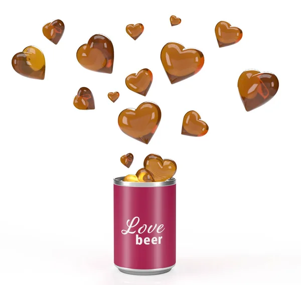 İzole arka planda ya da pankartta uçan kalpler olan bira kutusuna bayılırım. Sevgililer Günü ya da Ekim Festivali 'nde içilen kalp damlası. Kart için fikir ya da iş için posta. 3d oluşturma